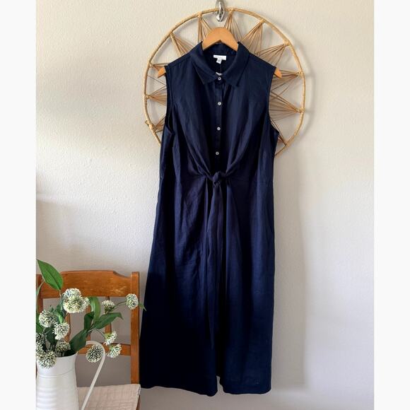 NWT J Jill Love Linen Navy Blue Shirt Dress Button Front Tie Pockets Midi XL - Picture 4 of 13